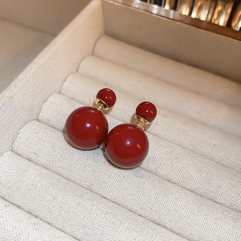 New Year's red drop oil imitation pearl geometric silver needle earrings, a two-wear temperament earring