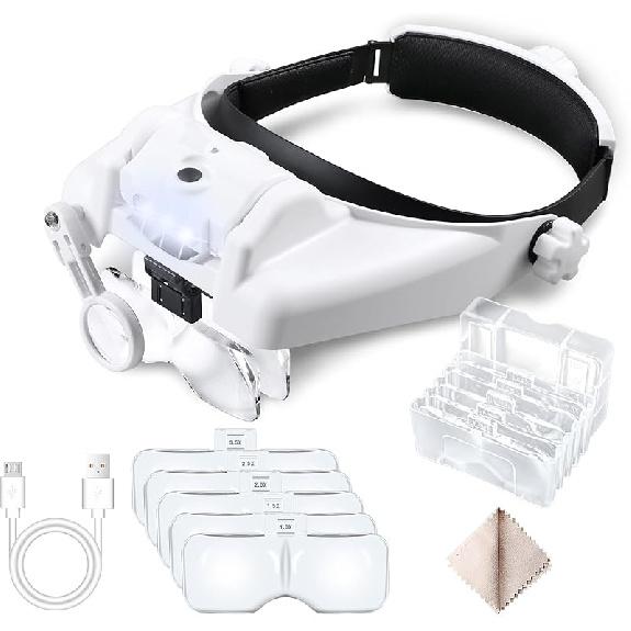 Headband Magnifier with Light, Rechargeable Magnifying Glasses 1X to 14X, Hands Free Head Mount Magnifying Glasses with 5 Detachable Lens for Close