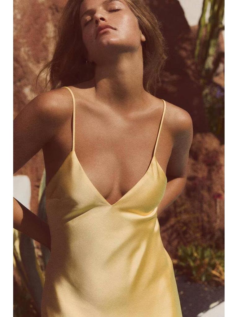 ZA European & American Style Gold Satin Spaghetti Strap Midi Dress