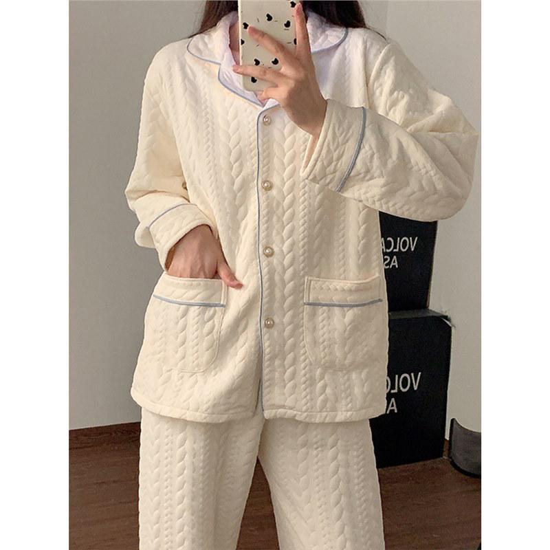 Women's Fall/Winter Thick Cotton Pajama Set - Long Sleeve & Pants
