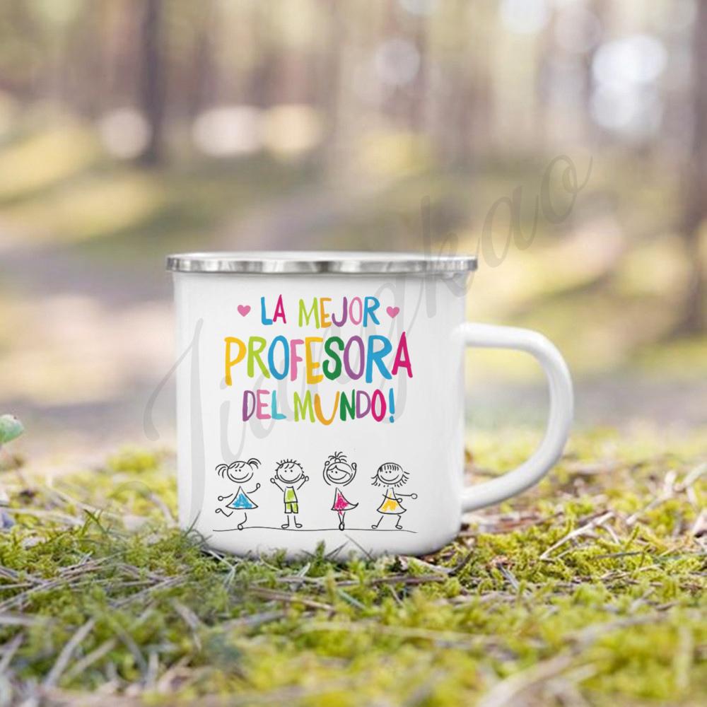 Best Teacher in The World Printed Enamel Mug Coffee Milk Cups Outdoor Handle Camping Cup Teacher's Day Thanks Gifts for Teachers