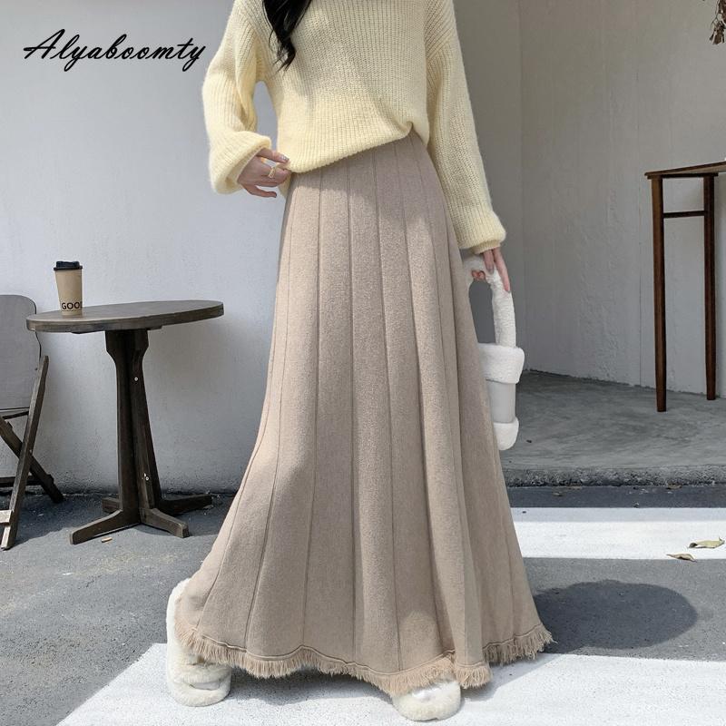 Autumn Winter Women Maxi Long Tassel Knitted Skirt Beige Red Dark Gray Black Knitting Warm Skirt Elegant Fashion Pleated Skirt