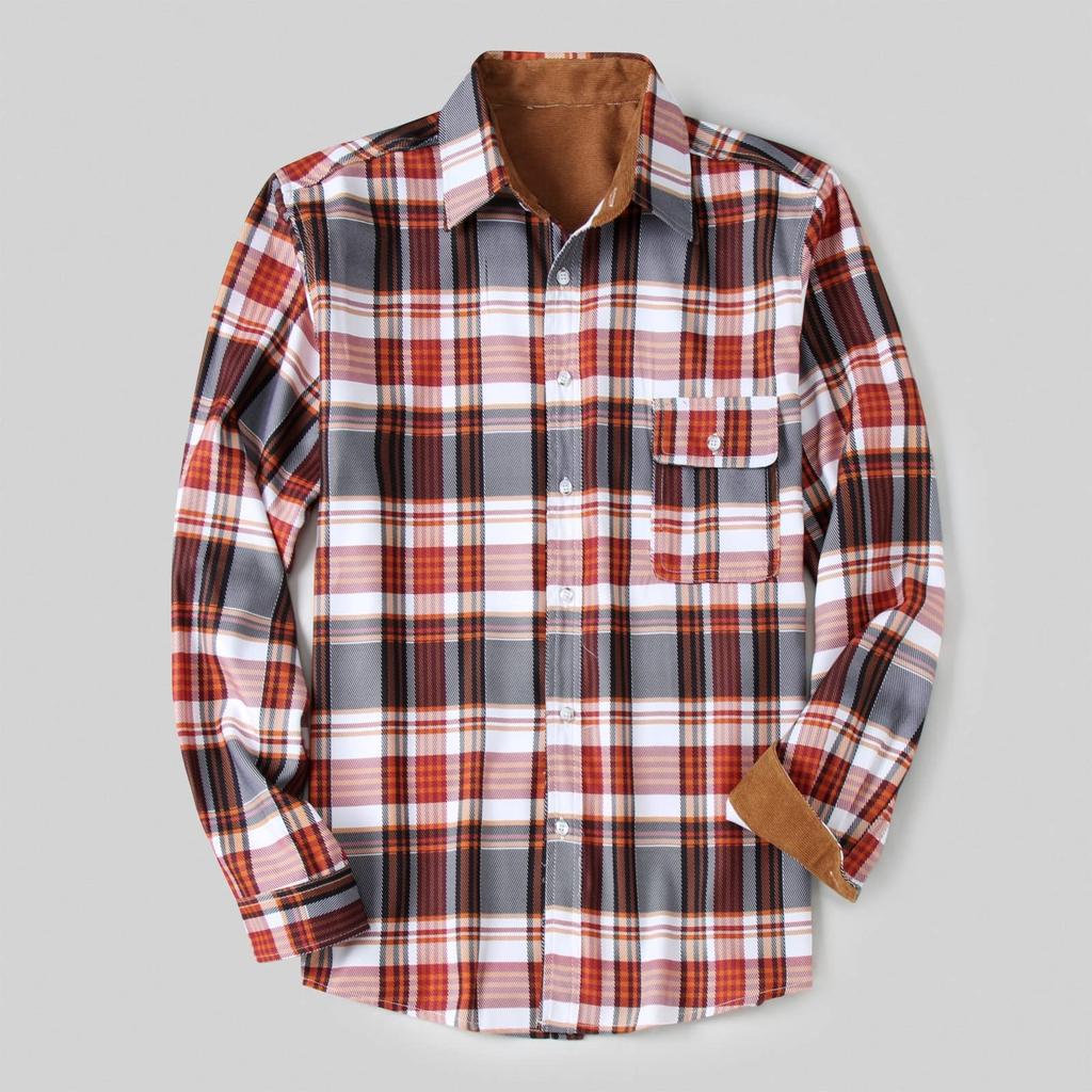 Men's Fashion Casual Loose Plaid Pocket Lapel Long Sleeve Shirt Top Blouse