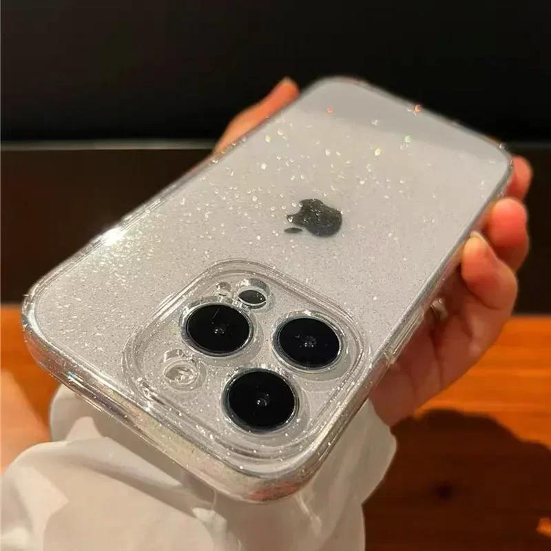 New Luxury Bling Glitter Clear Phone Case For iPhone 15 13 14 16 Pro Max Plus Shockproof Transparent Soft Lens Protection Cover