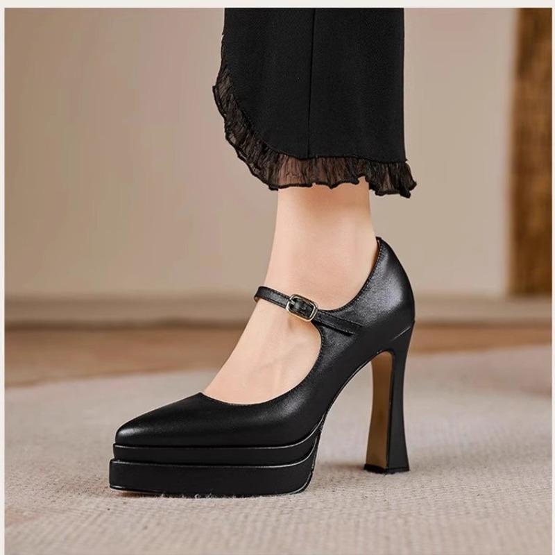 Fashion One-line Strap Block Heel Single Shoes Autumn New Pointed Toe Shallow Mouth Platform Sole Non-slip Wear-resistant High Heels