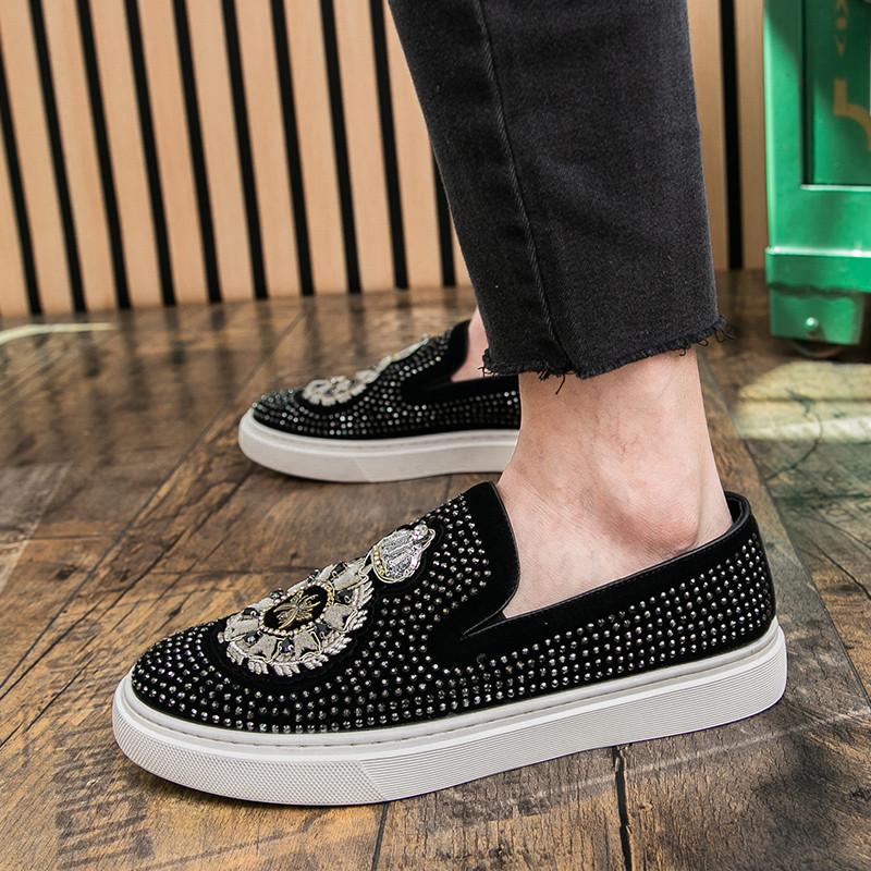New Luxury Men Embroidered Rhinestone Loafter Leisure Leather Shoes Male Comfortable Sneakers Tenis Masculino Zapatos Hombre