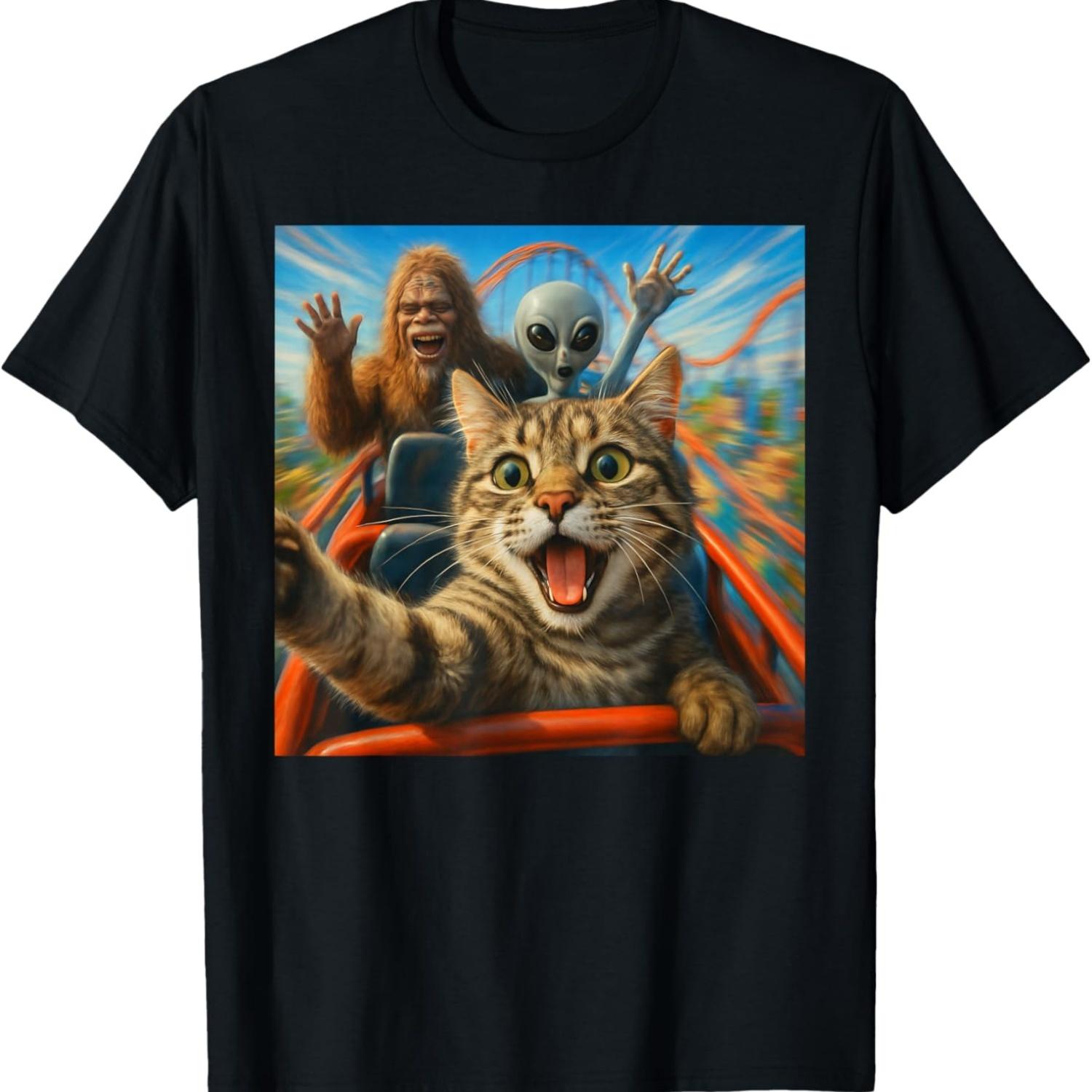 Funny Cat Selfie with Big Foot & Alien Roller Coaster Meme T-Shirt(1) S чёрный