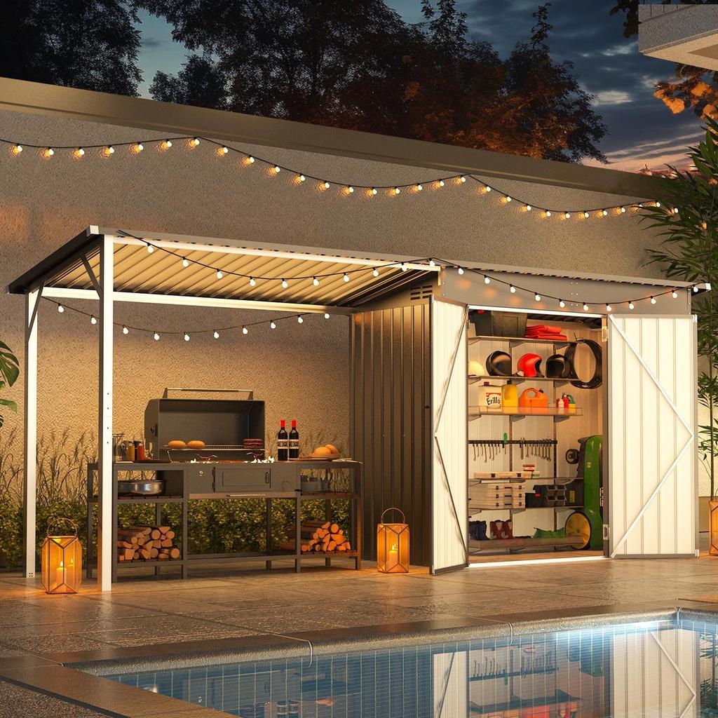 YODOLLA 14x4FT Metal Shed & Garden Storage Shed, Hardtop Pergola Gazebo