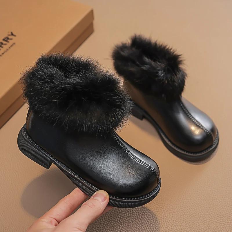 Girls Boots Plush Versatile Soft Warm Autumn and Winter Korean Style Children Fashion Casual Short Boots PU Cotton Kids Boots