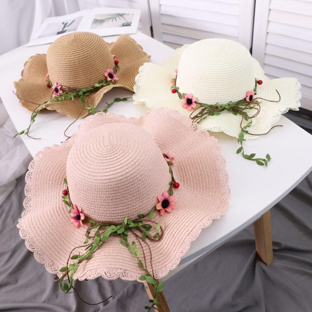 Wide Brim Beachside Sun Hat Sunscreen Summer Beach Hat Casual Flower Lafite Straw Hat  Ladies/Girls