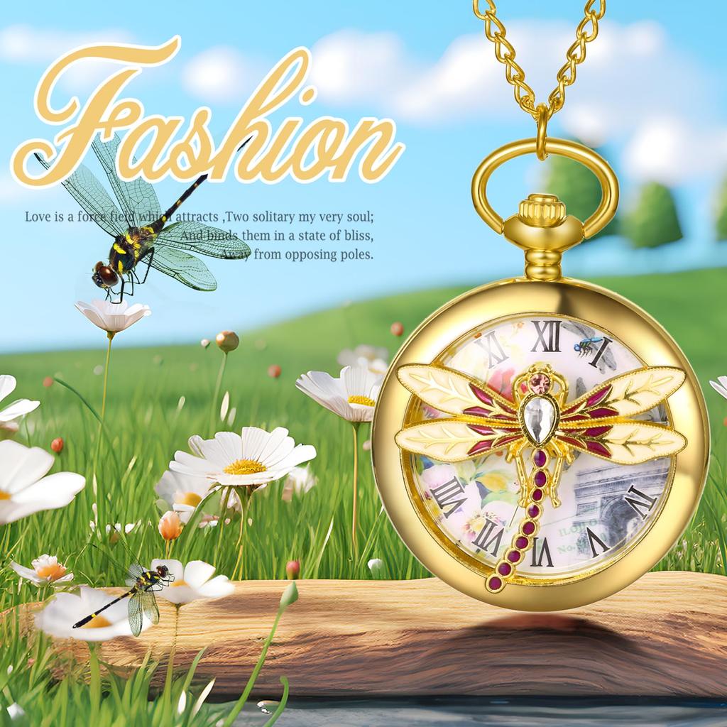 Pocket Watch Dragonfly Antique Analog with Pocket Watch Pendant Watch Waterproof Necklace Chain Gold Birthday Anniversary Christmas Valentine White