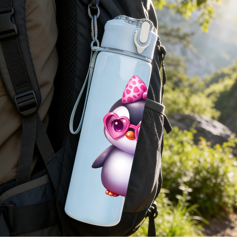 1PC Cute Pink Penguin 750ml Color Plastic Sports Water Bottle Leakproof Flip Straw Lid Suitable for Sports Office Home Use