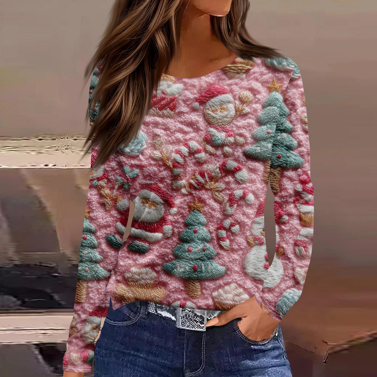 

Женская мода повседневный топ с разрезом по низу и рождественским принтом с круглым вырезом и длинными рукавами L