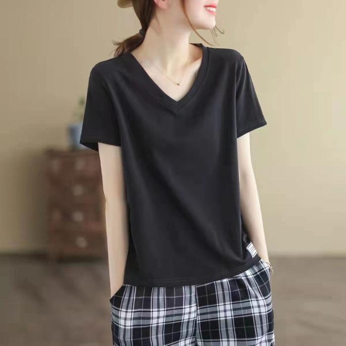 

Новая летняя футболка с коротким рукавом для женщин, свободная, с V-образным вырезом, повседневная, с нашивками, базовая, топ, литературное и комфортное ощущение, свободная 4XL