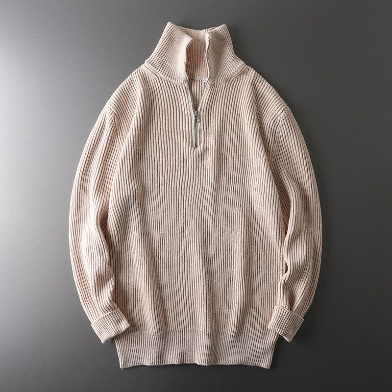 Half Zipped Stand Collar Winter Single-Tail Sweater Sweater Khaki XL