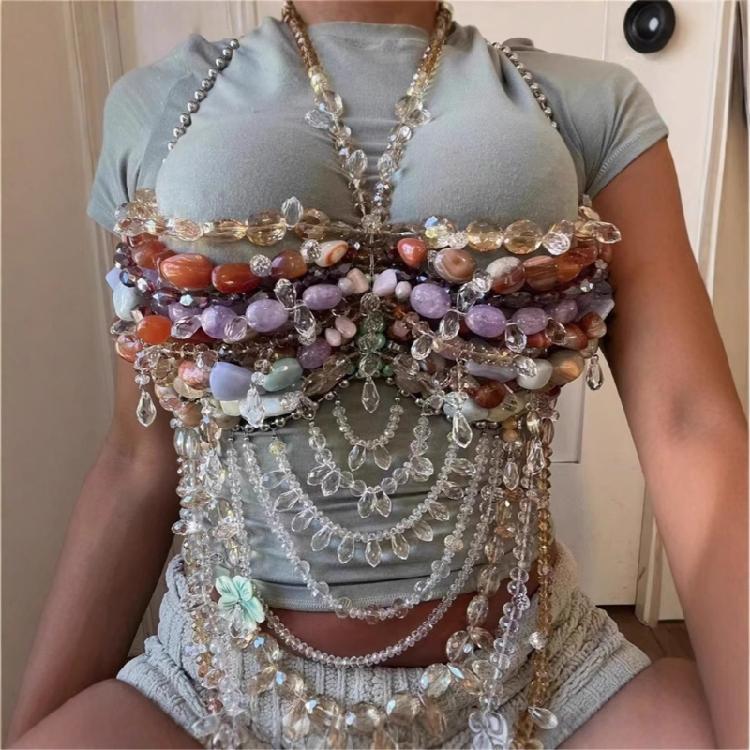 Fashion Layer Acrylic Stone Body Chain Bra Top Adjustable Closure Designs for Women's Beachwear and Dance Event