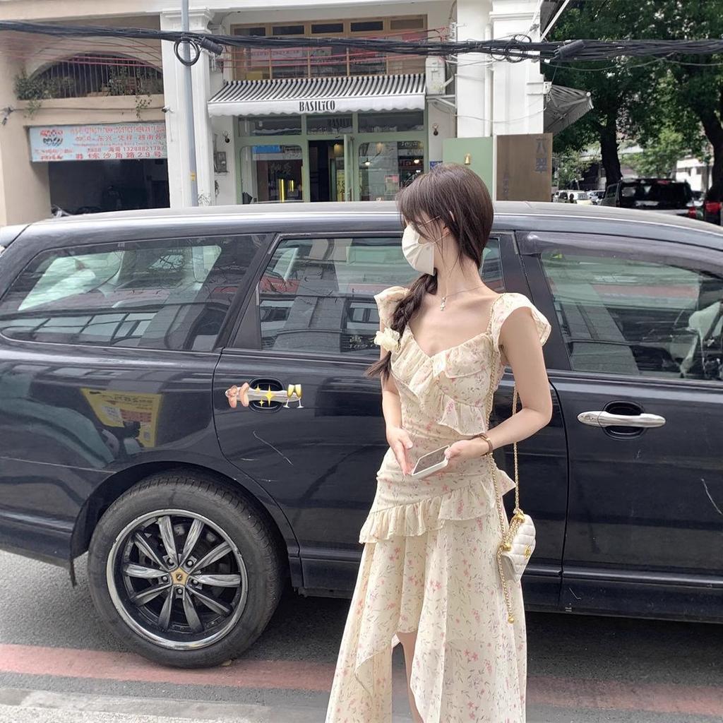French floral suspender dress women's summer lotus leaf edge pinch waist skirt a word skirt irregular temperament long dress