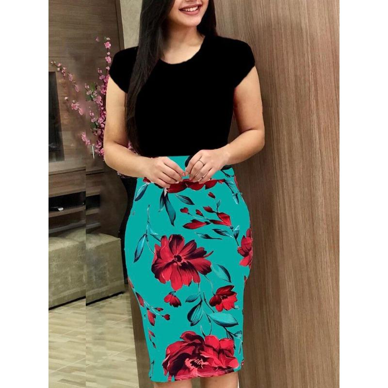 women's Color Block Floral Print Short Sleeve Bodycon Dress Round Neck Pencil Dress