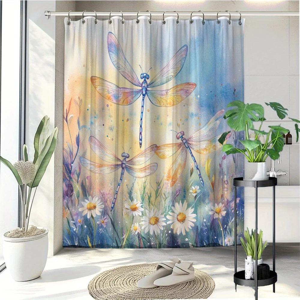Blue Grass Dragonfly Shower Curtain - Natural Watercolor Landscape, Polyester, 12 Hooks, Enhances Bath Dcor