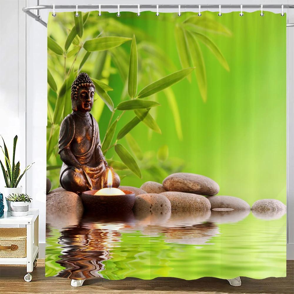 Bathroom Shower Curtains Buddha Statue Bamboo Bath Screens Home Decor Waterproof Polyester Fabric With Hooks 240X180Xm
