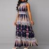 Ethnic Style Stand Collar Printed Long Tank Dress for Women Vintage High Waist Vestidos