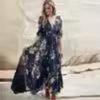 Women's Bohemian Print V-neck Button-up Seven-quarter Sleeve Skirt Dress