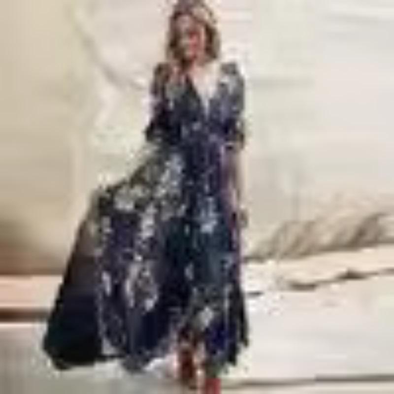 Women's Bohemian Print V-neck Button-up Seven-quarter Sleeve Skirt Dress