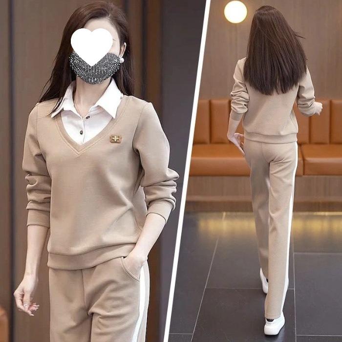 Spring and Autumn Casual Women's Long-sleeved Faux Two-piece Loose-fitting Versatile Slimming Straight-leg Pants Set