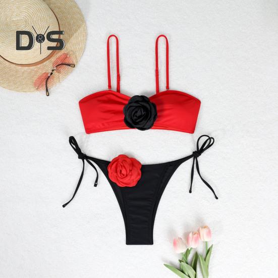 2Pcs/Set Women Bikini Set Sling Flower Decor Bra Lace-Up Briefs Set Three-Dimensional Flowers Adjustable Shoulder Straps Swimsuit