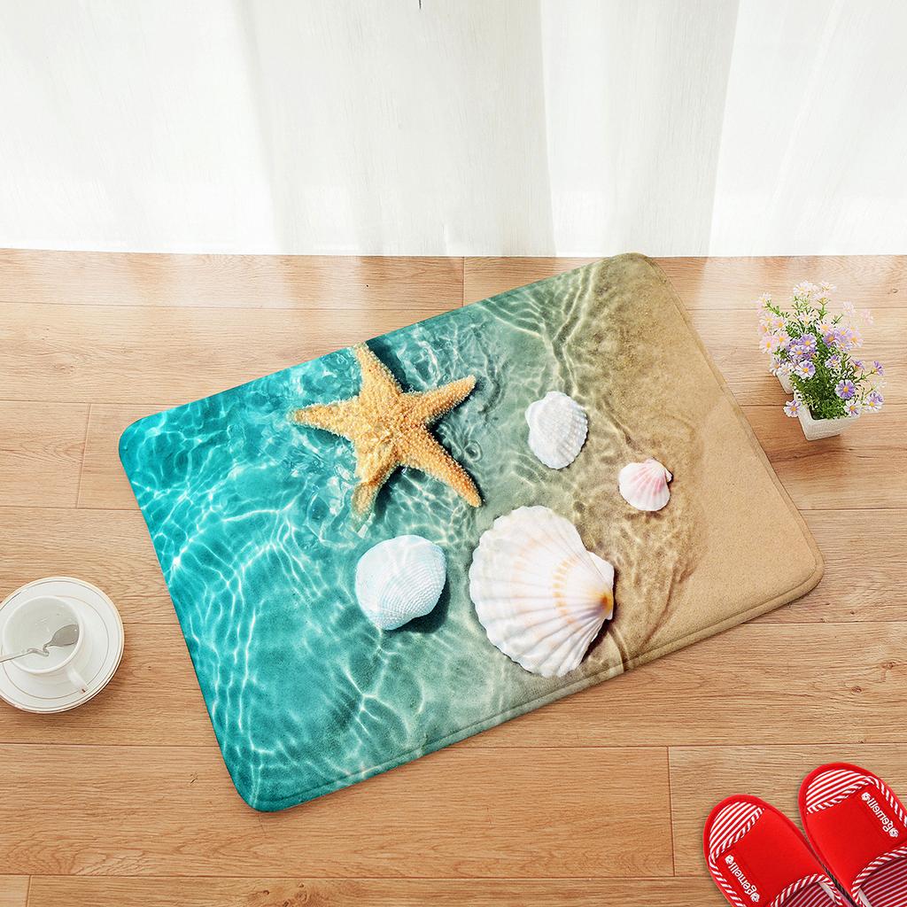 3D Beach Starfish Seashell Bath Mat Non‑Slip Absorbent Coastal Rug