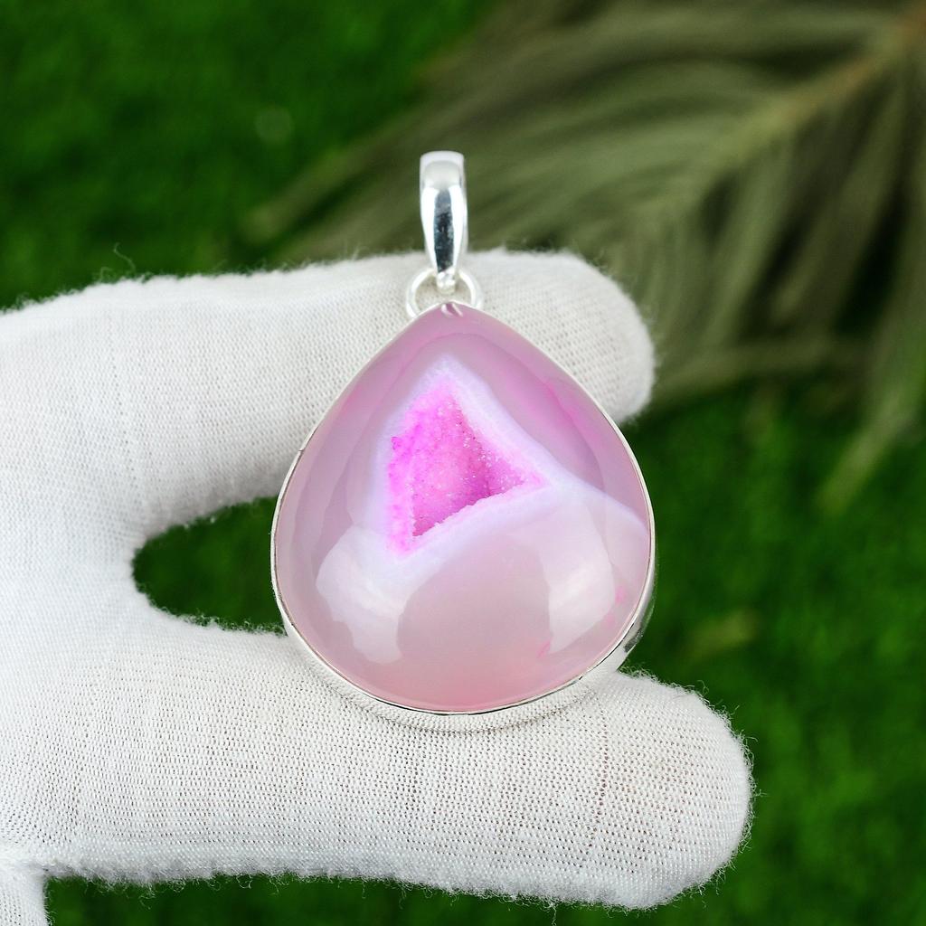 Vente Fête des Mères Druzy Rose Naturelle Botswana Argent Sterling Nouveau Pendentif Bijoux