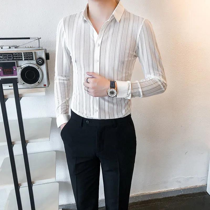 

Men s White Striped Slim Fit Dress Shirt Long Sleeve Casual Formal Top M белый