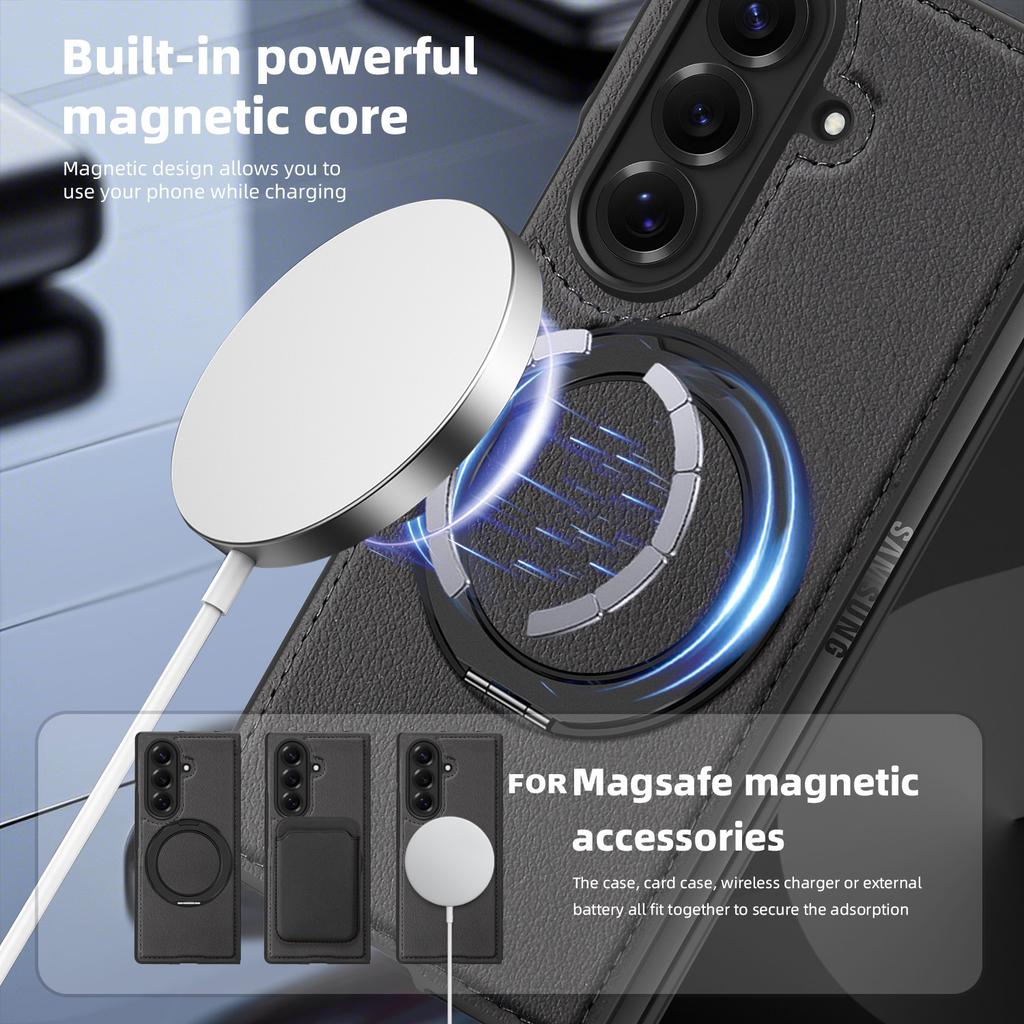 For Samsung Galaxy Z Fold7 5G Case with Ring Kickstand Magnetic Case PU Leather Back Cover