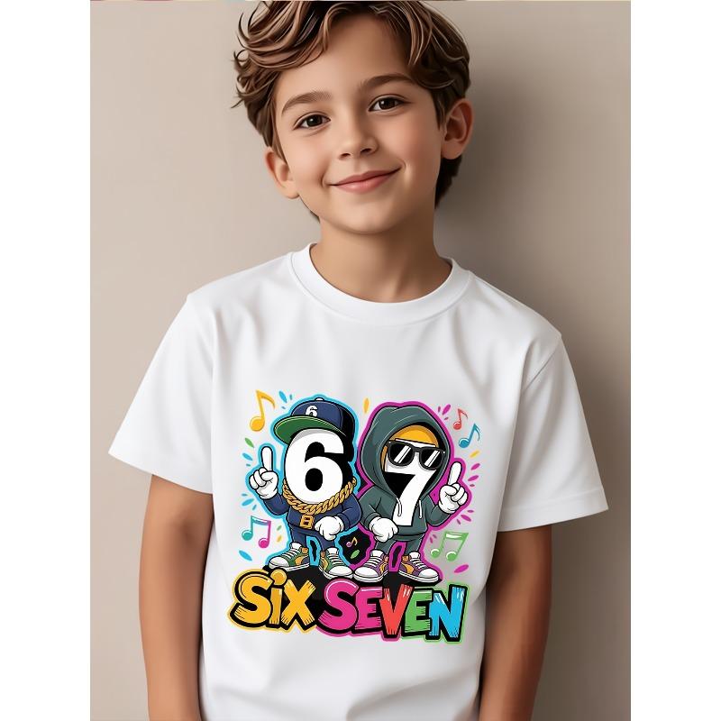 European Sizes Boys' Casual Short Sleeve T-Shirt - Stretchy & Breathable Summer Top with Hip-Hop Style Number "67" Graphic, Round Neck Kids' Tee