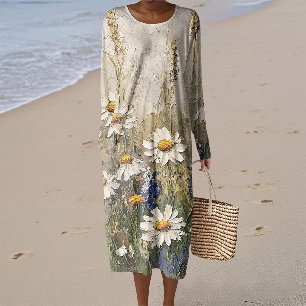 Damenmode Lässig Langarm Blumendruck Rundhals Tasche Elegant Temperament Kleid
