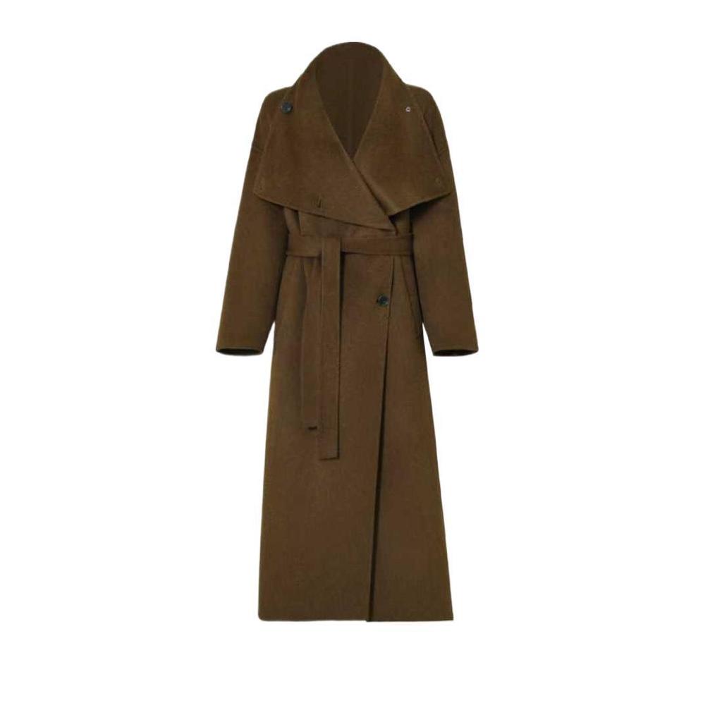 Bronze Coffee Cashmere Merino Wool Double-Sided Mid-Length Coat with Loose Lapel