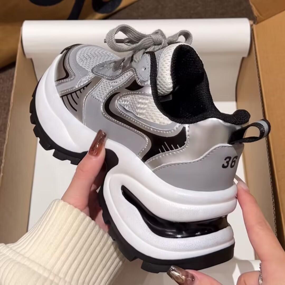 Dad shoes spring breathable mesh thick sole heightening silver casual sneakers casual 35 серебряный