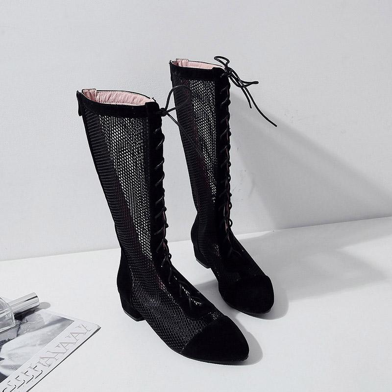 Damen Niedrigabsatz Netzstiefel Frühling und Sommer Neue Dickabsatz Netzstiefel Sexy Vielseitig Große Größe Kerl Coole Stiefel
