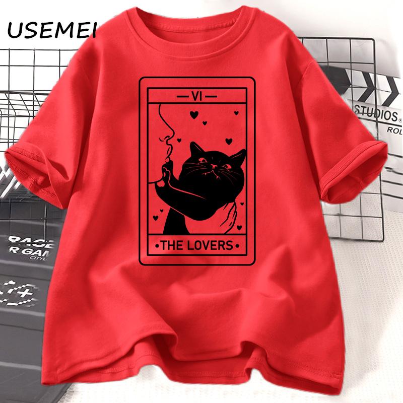 Tarot The Lovers T Shirt Cotton Short Sleeve Cat Lover T-shirt Crazy Cat Lady Graphic Tees Harajuku Casual Vintage Clothes Tees