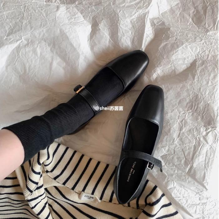 [Grape Mother of the Same Style] Odin Art Exhibition~ the Ro * Square Head Leather Buckle with Flat Bottom Mary Jane Women's Single Shoes