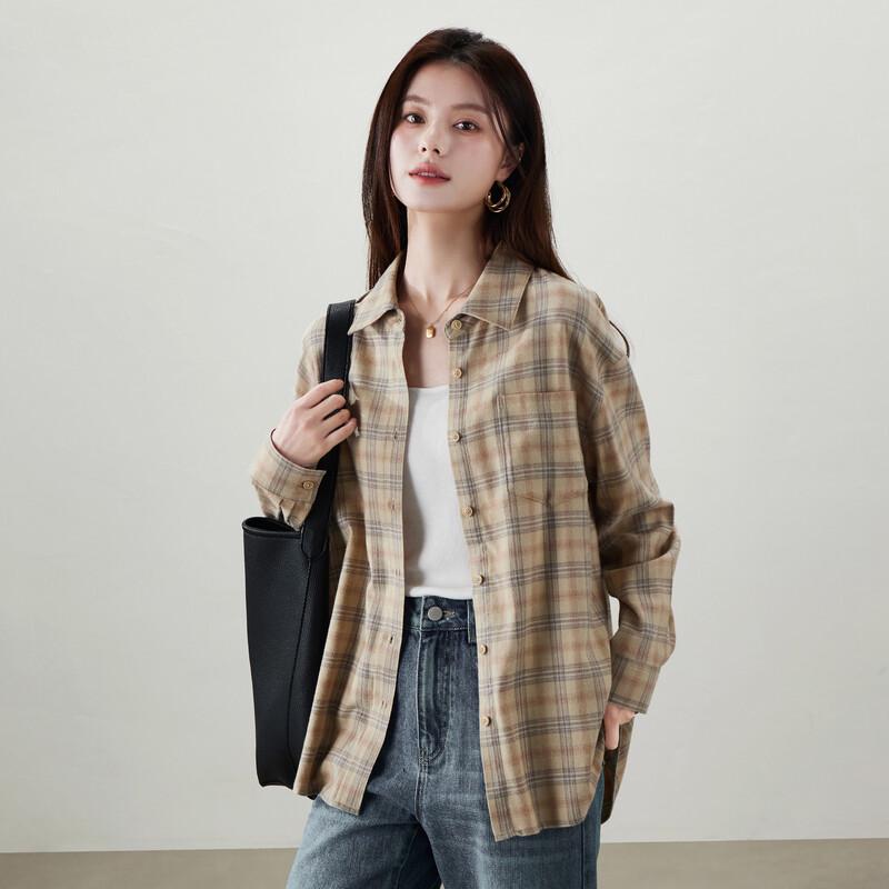 SOFSIL Women's Retro Plaid Long-Sleeve Lapel Shirt