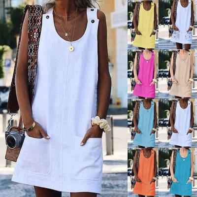 Women's Fasion Casual Solid Color Button Strap Removable Pocket Loose O-neck Cotton And Linen Dress