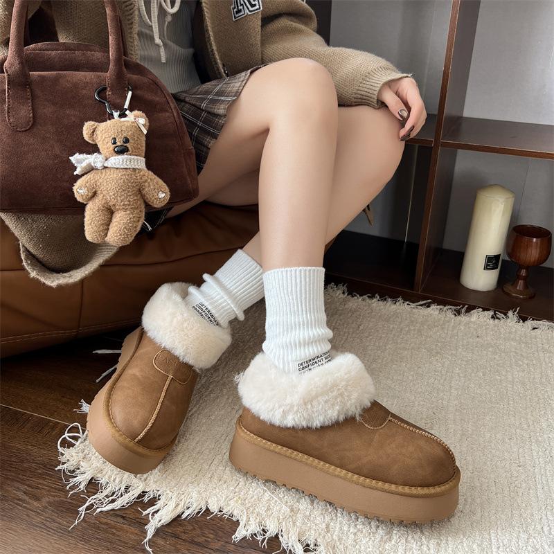 Snow Boots Women's 2025 New Winter Velvet Thickened Warm Platform Fashion Short Tube New One-pedal Cotton Shoes