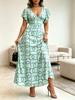 Mint Green Geometric Print Maxi Dress V Neck Flutter Sleeve High Waist Slim Fit Holiday Long Dress