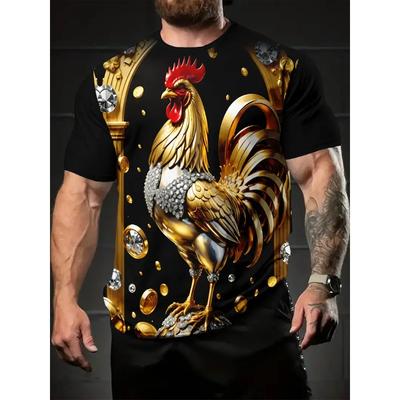Men's 3D Rooster Printed T-shirt Humorous Digital Printed Short Sleeved T-shirt Breathable Polyester Round Neck Casual