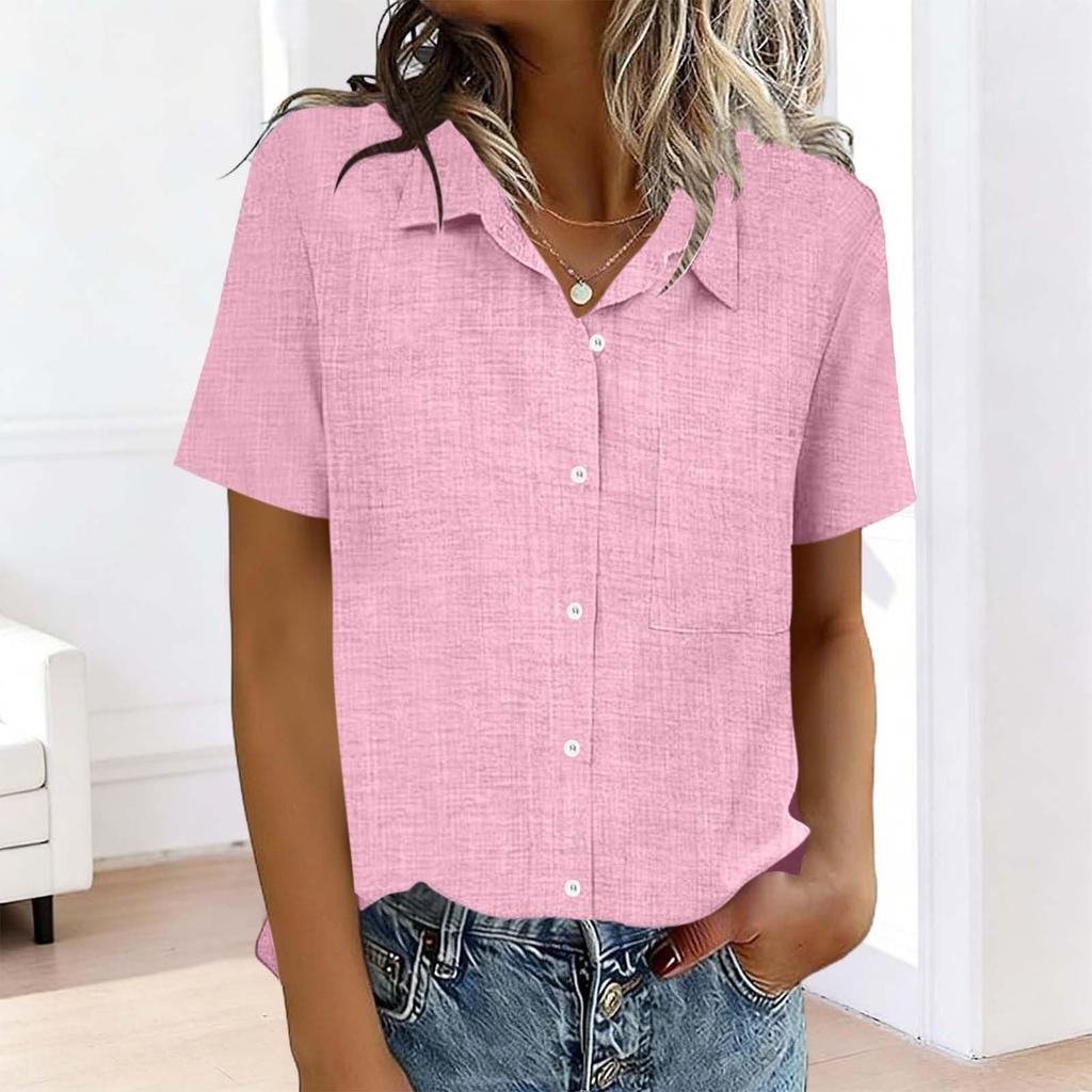 Women's Fashion  Color Standing Collar Short Sleeve Button-Up Shirt T-Shirt Top