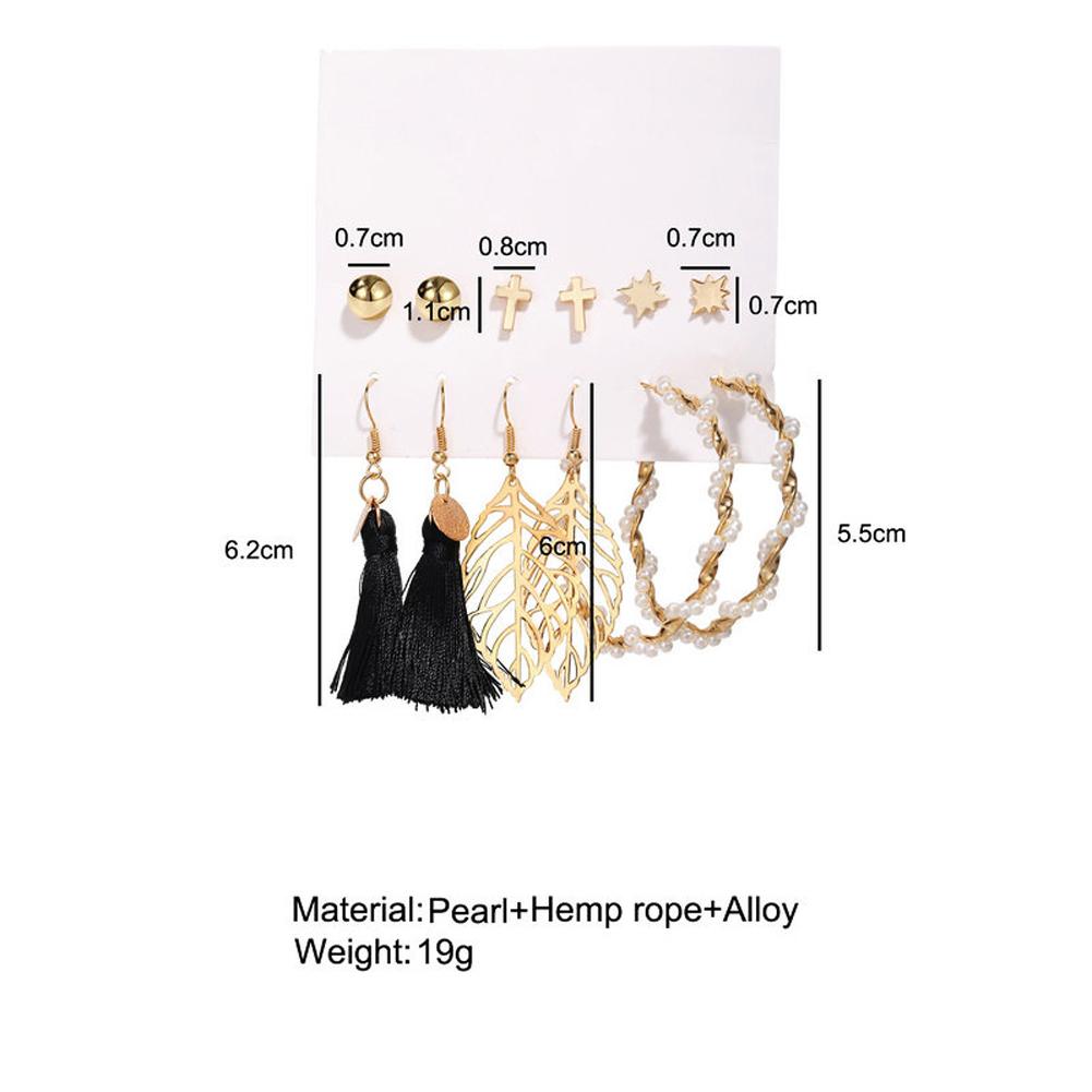 6 Pairs of Women's Earrings Hollow Leaf Faux Pearl Tassel Ear Accessories