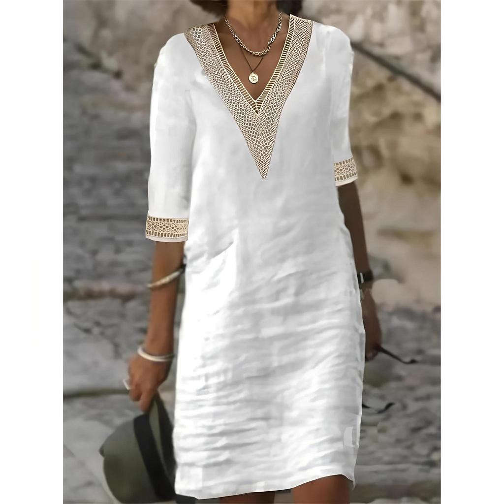 Damenmode, lässig, einfarbig, bedruckt, 1/2 Ärmel, V-Ausschnitt, schmale Kleider