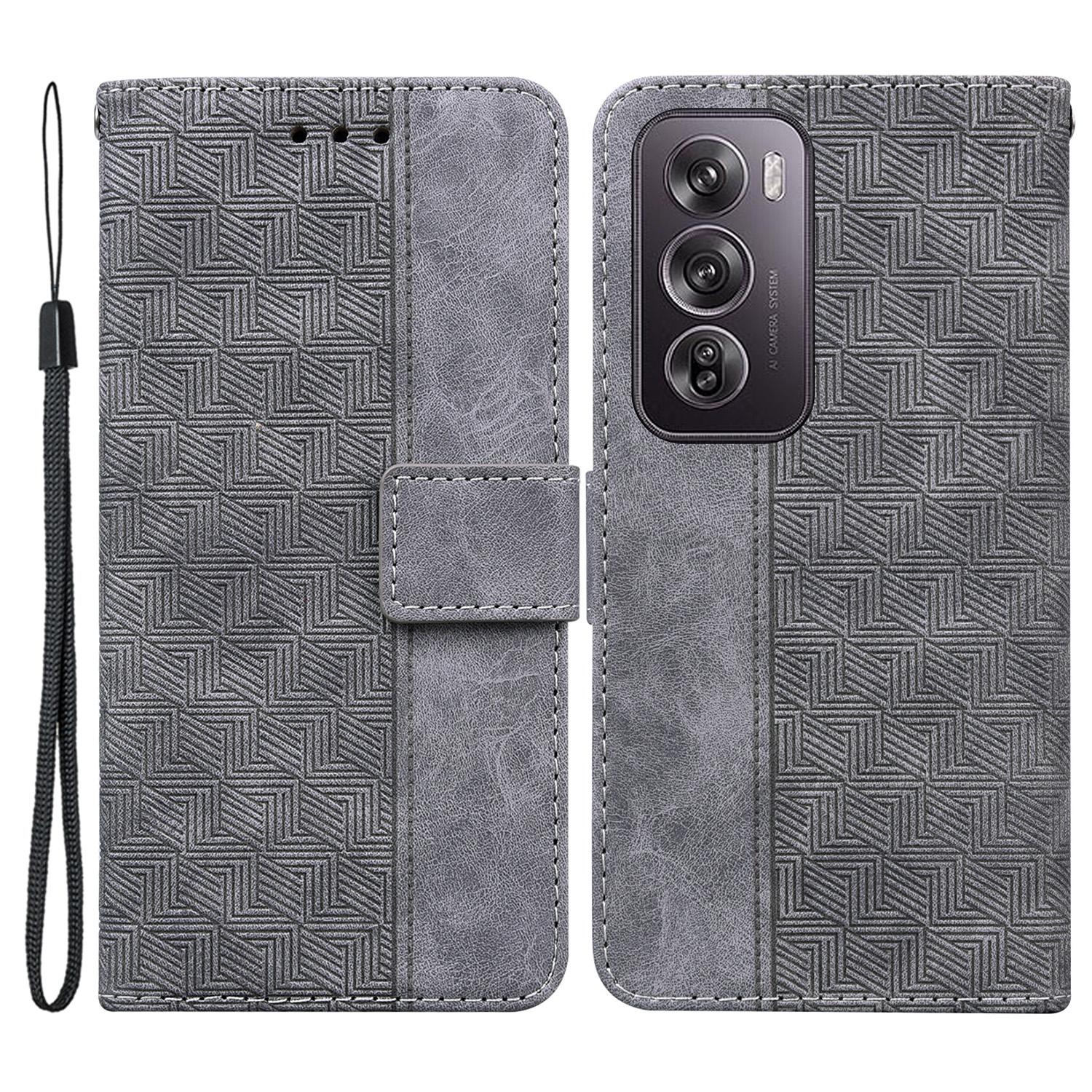 

For Oppo Reno12 Pro 5G (Global) Phone Case Geometry Pattern Leather Wallet Cover Grey