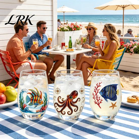 Küstendesign Tumbler Handgefertigter Glasbecher, Einzigartiger Aufdruck mit Meerestier-Motiv für Eiskaffee Cocktails Bar Tumbler, Dekorative Glasware Nautisch